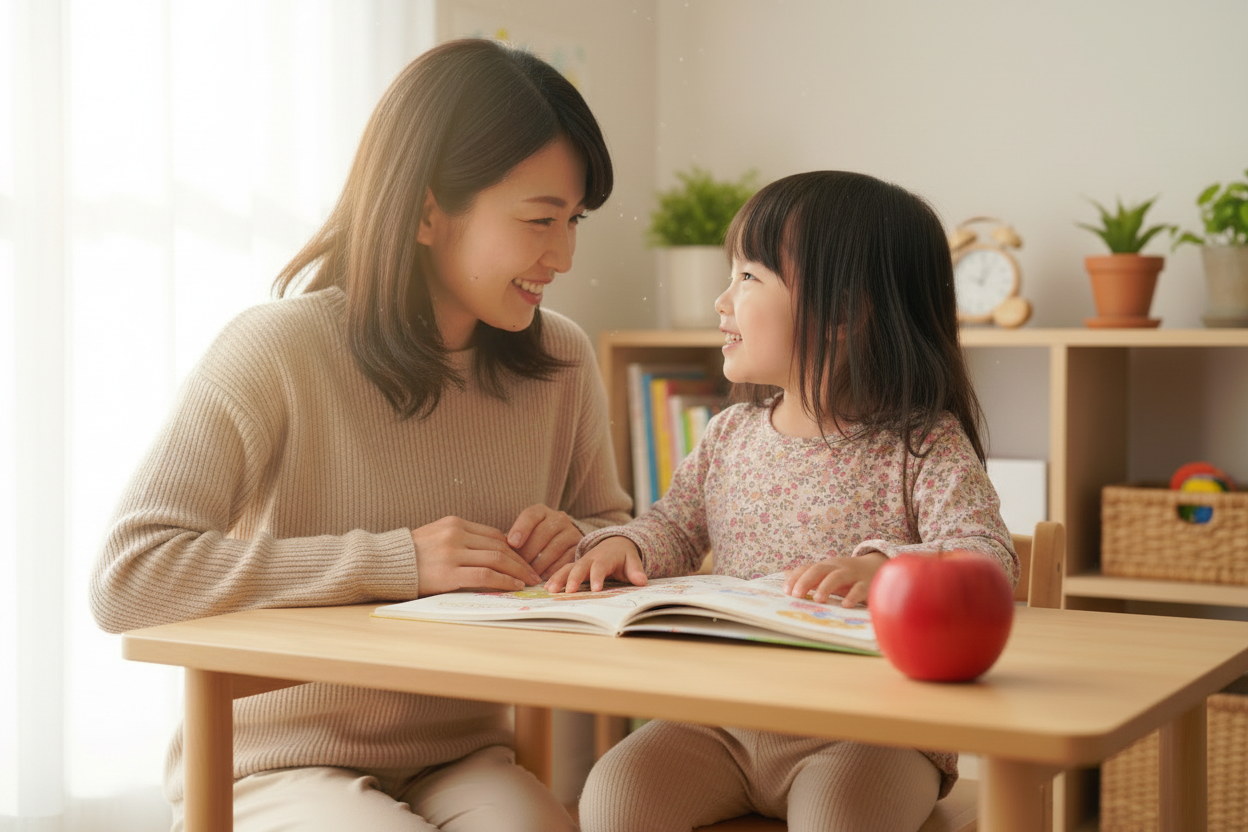 母親と4歳の娘が笑顔で見つめ合う